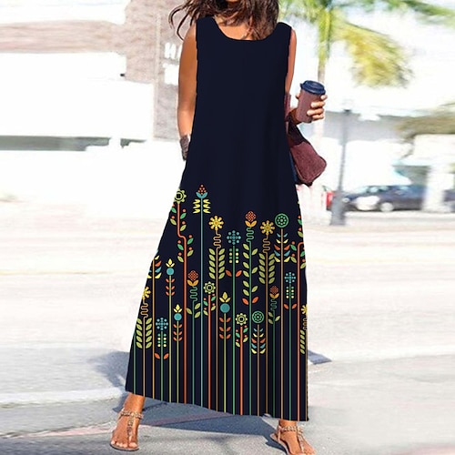 

Mulheres Vestido A Line Vestido maxi longo Azul Marinha Sem Manga Floral Bolsos Imprimir Primavera Verão Decote Redondo à moda Casual Férias 2022 S M L XL XXL 3XL