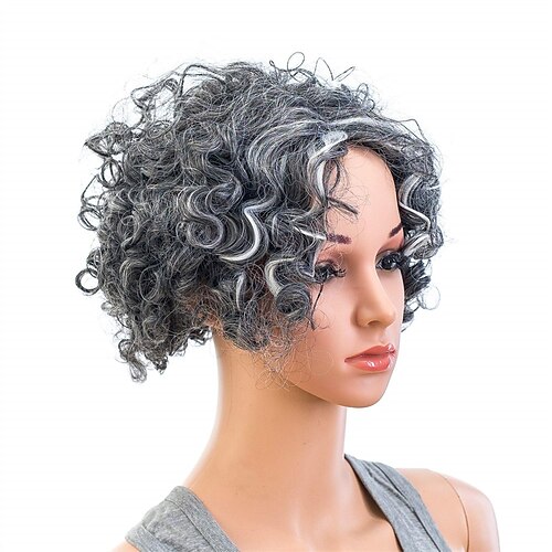 

12-Inch Old Lady Cosplay Granny Wig Short Grandmother Curly Wigs for Women and Kids