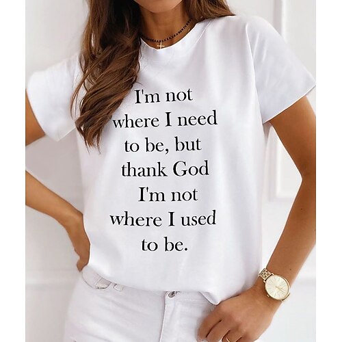 

Women's Painting T shirt Text Print Round Neck Basic Tops White Black