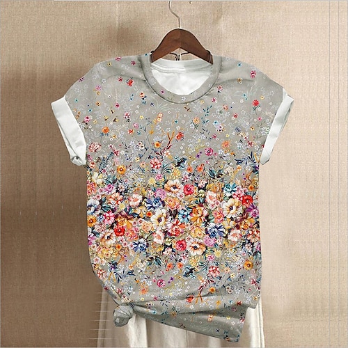 

Women's Plus Size Tops T shirt Floral Print Short Sleeve Crewneck Streetwear Daily Sports Cotton Spandex Jersey Spring Summer Gray