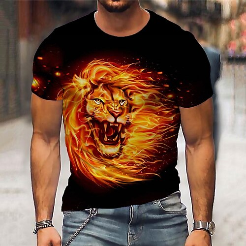 

Men's Unisex T shirt Tee Lion Graphic Prints Flame Crew Neck Black 3D Print Outdoor Street Short Sleeve Print Clothing Apparel Sports Designer Casual Big and Tall / Summer / Summer