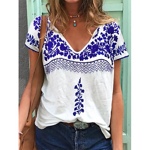 

Women's T shirt Tee White Floral Plants Short Sleeve Casual Daily Basic Vintage Ethnic V Neck Regular S / 3D Print