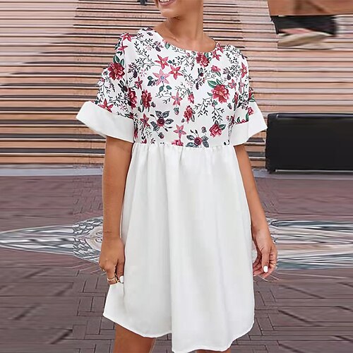 

Women's Shift Dress Short Mini Dress White Black Short Sleeve Floral Print Spring Summer Round Neck Casual Vacation 2022 XS S M L XL XXL