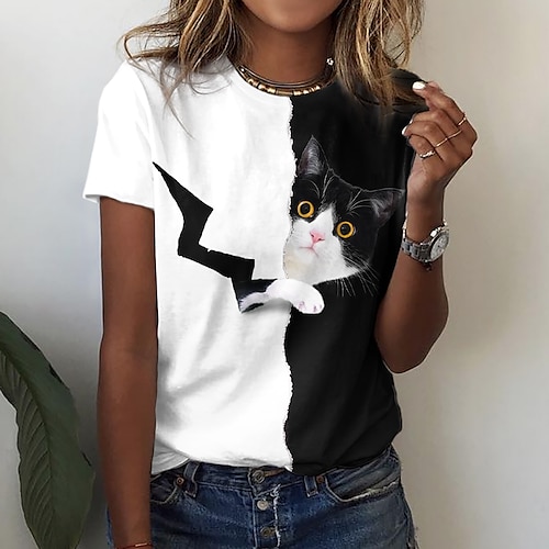 

Women's T shirt Tee Black Cat 3D Print Short Sleeve Casual Weekend Basic Round Neck Regular 3D Cat Painting S