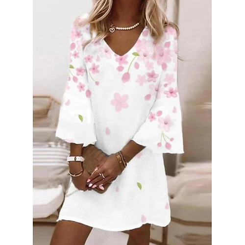 

Women's A Line Dress Short Mini Dress White Long Sleeve Floral Ruched Print Spring Summer V Neck Elegant Casual 2022 S M L XL XXL 3XL