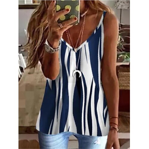 

Damen Tank Top Camis Blau Gestreift Patchwork Bedruckt Ärmellos Casual Täglich Basic Brautkleider schlicht Strand Design V Ausschnitt Standard Geometrisch S