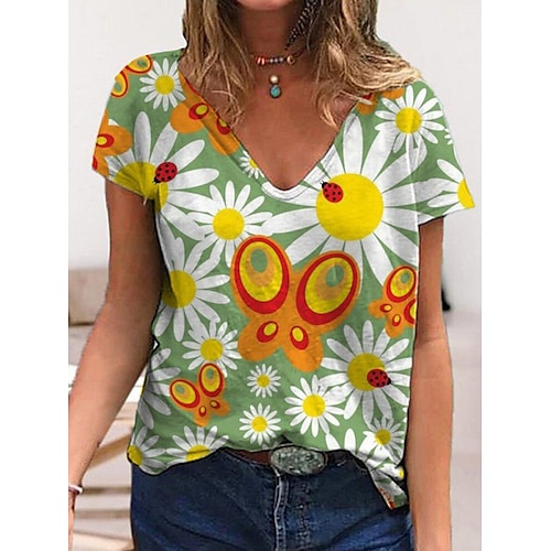 

Women's Floral Theme Abstract Geometric T shirt Floral Polka Dot Geometric Print V Neck Basic Tops Green Blue White / 3D Print