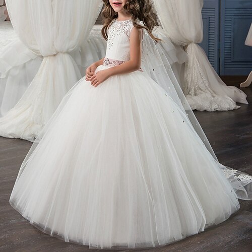 

Wedding Party Princess Flower Girl Dresses Jewel Neck Court Train Polyester / Cotton Blend Spring Summer with Bow(s) Appliques Cute Girls' Party Dress Fit 3-16 Years