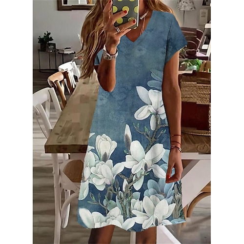 

Damen Casual kleid Etuikleid Blau Kurzarm Blumen Bedruckt Frühling Sommer V Ausschnitt Lockere Passform 2022 S M L XL XXL 3XL