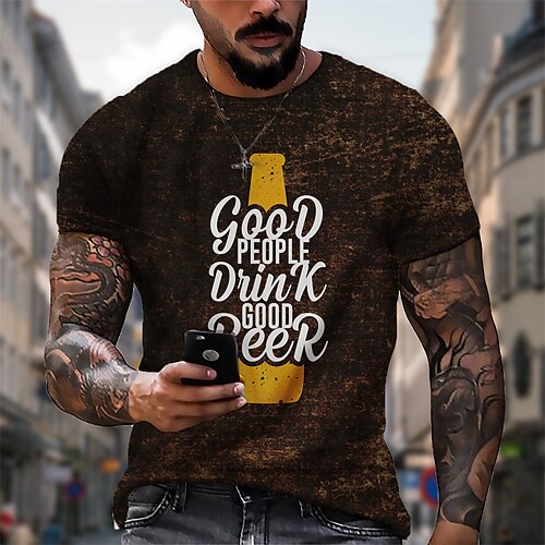 

Men's T shirt 3D Print Graphic Beer Letter Crew Neck Casual Daily Print Short Sleeve Tops Fashion Vintage Designer Big and Tall Brown