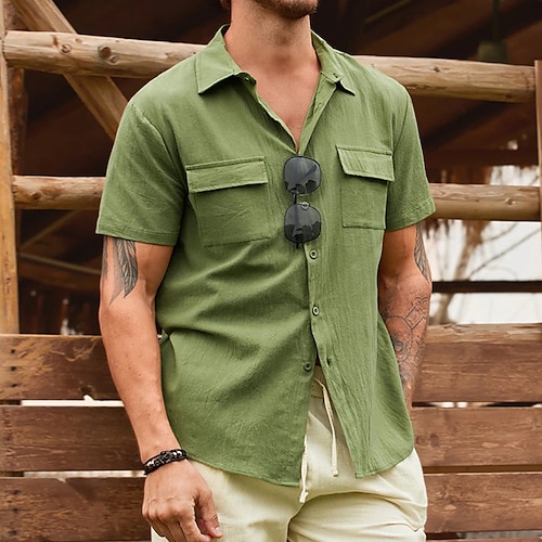 

Men's Shirt Solid Color Turndown Street Casual Button-Down Short Sleeve Tops Casual Fashion Breathable Comfortable Army Green