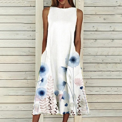 

Women's A Line Dress Midi Dress Blue Dark Blue Sleeveless Floral Pocket Print Spring Summer Round Neck Casual 2022 S M L XL XXL 3XL 4XL 5XL