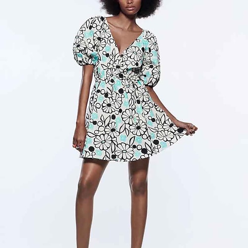 

Women's Floral Dress Short Mini Dress Black And White Short Sleeve Floral Print Summer V Neck Stylish Puff Sleeve 2022 S M L