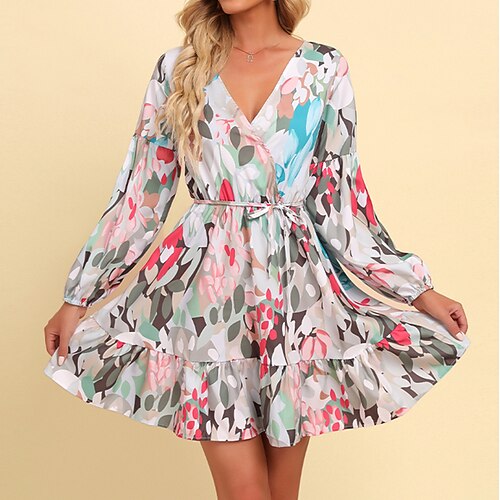 

Women's A Line Dress Knee Length Dress Rainbow Long Sleeve Floral Ruffle Print Fall Spring V Neck Stylish Casual Romantic Lantern Sleeve 2022 M L XL XXL 3XL