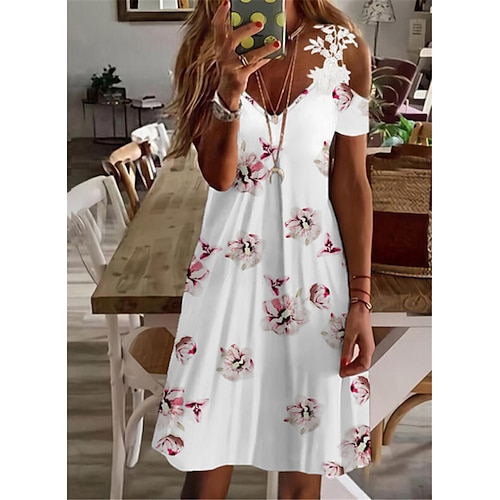 

Women's A Line Dress Short Mini Dress White Short Sleeve Floral Cold Shoulder Print Spring Summer V Neck Casual Vacation 2022 S M L XL XXL 3XL
