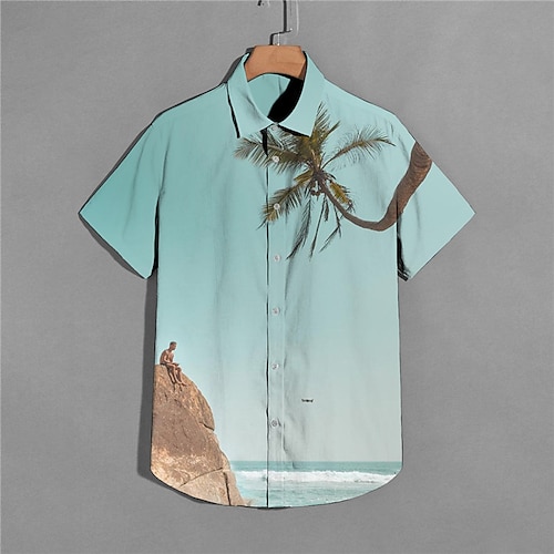 

Men's Shirt 3D Print Scenery Coconut Tree Turndown Street Casual Button-Down Print Short Sleeve Tops Casual Fashion Designer Breathable Blue Light Blue