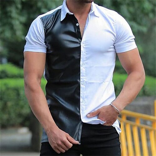 

Men's Shirt Patchwork Turndown Street Casual Button-Down Short Sleeve Tops Casual Fashion Breathable Comfortable Black / White