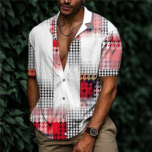 

Men's Shirt Print Houndstooth Color Block Turndown Street Casual Button-Down Print Short Sleeve Tops Casual Fashion Designer Breathable White / Spring / Summer