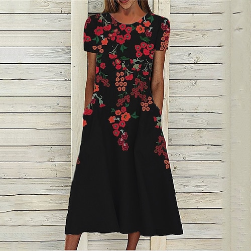 

Women's A Line Dress Midi Dress Black Short Sleeve Floral Pocket Print Spring Summer Round Neck Stylish Casual Modern 2022 S M L XL XXL 3XL