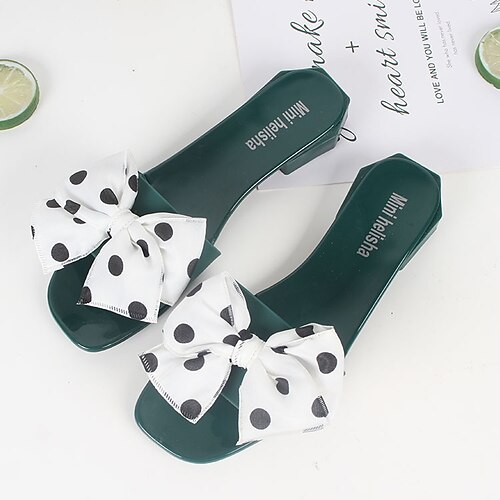 

Women's Slippers Flat Sandals Bowknot Flat Heel Round Toe Open Toe Elegant Casual Daily PVC Loafer Spring Summer Polka Dot White / Green Black