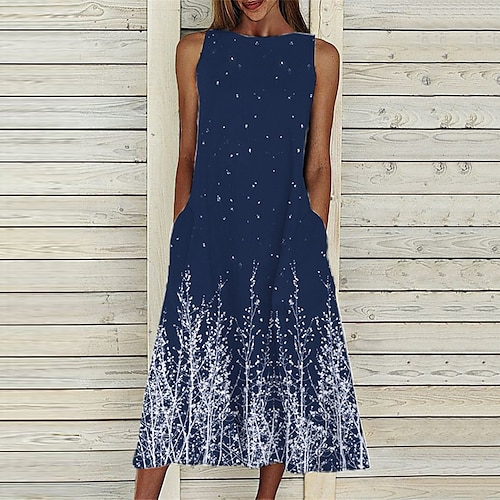 

Women's A Line Dress Midi Dress Blue Sleeveless Print Pocket Print Spring Summer Crew Neck Casual Vacation 2022 S M L XL XXL 3XL