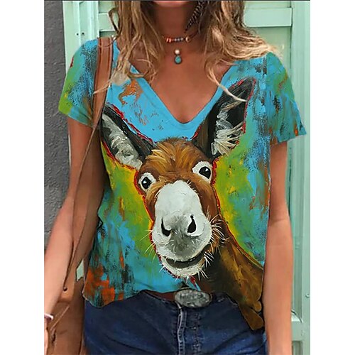 

Women's T shirt Animal Patchwork Print V Neck Basic Tops Blue / 3D Print