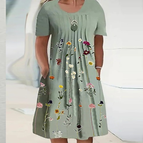 

Women's Plus Size Holiday Dress Floral Crew Neck Print Short Sleeve Spring Summer Casual Midi Dress Causal Daily Dress
