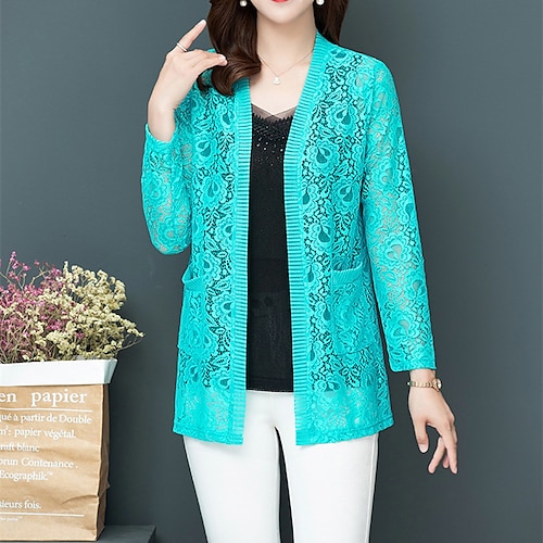 

Women's Casual Jacket Outdoor Street Daily Spring Summer Regular Coat Regular Fit Breathable Streetwear Casual Jacket Long Sleeve Floral Lace Green White Black