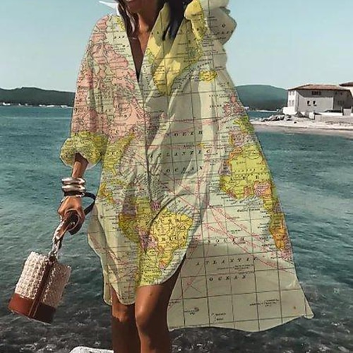 

Women's Shirt Dress Knee Length Dress Yellow Long Sleeve Letter Print Spring Summer Shirt Collar Casual 2022 S M L XL XXL