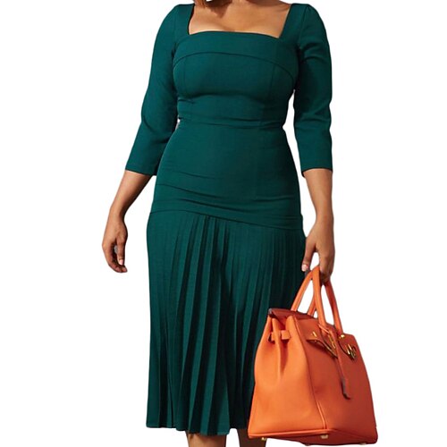 

Women's A Line Dress Maxi long Dress Green Blue Purple Red 3/4 Length Sleeve Pure Color Ruched Spring Summer Square Neck Casual 2022 S M L XL XXL 3XL