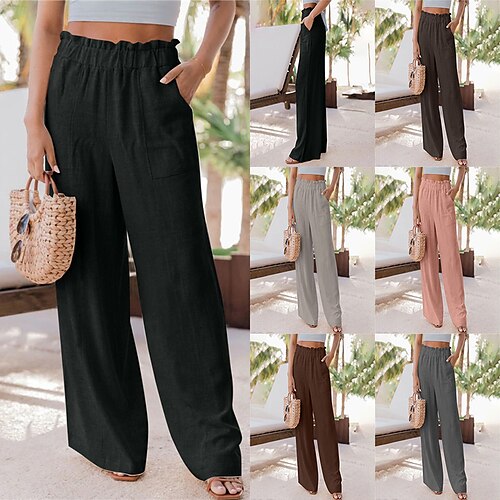 

Women's Wide Leg Pants Trousers Elastic Waist Straight Leg Plain Classic Modern Regular Spring & Fall Black Pink Khaki Dark Coffee Brown