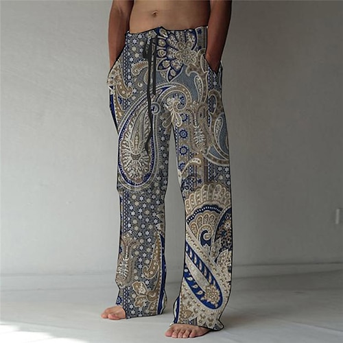 

Men's Trousers Summer Pants Beach Pants Elastic Drawstring Design Front Pocket Straight Leg Graphic Prints Flower / Floral Comfort Soft Casual Daily For Vacation Designer Chinese Style Pink Blue