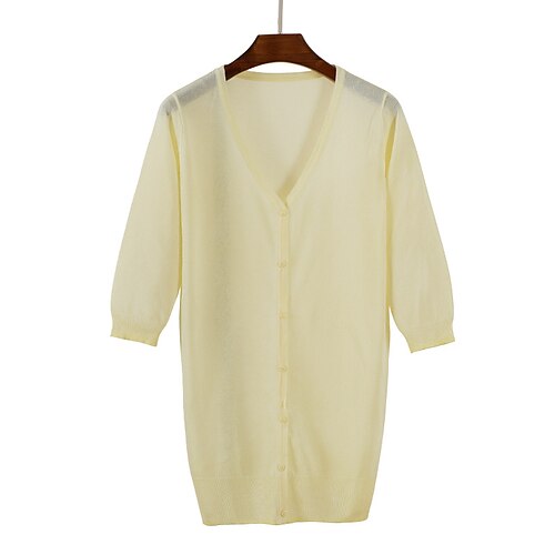 

Women's Cardigan Knitted Button Pure Color Stylish Casual Soft 3/4 Length Sleeve Sweater Cardigans V Neck Spring Summer Purple Yellow