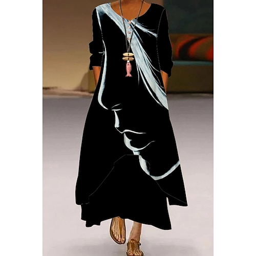 

Women's Long Dress Maxi Dress Black 3/4 Length Sleeve Ruched Winter Fall Autumn Crew Neck Weekend 2022 S M L XL XXL 3XL