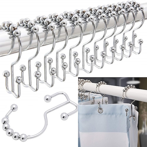 

12pcs Shower Curtain Hooks Double Sided,Grip Shower Curtain Hooks Stainless Steel,Easy Install Rings Decorative Liner Ring for Bathroom Hanging Rods Friction Free Metal Hook Bath Room Accessory