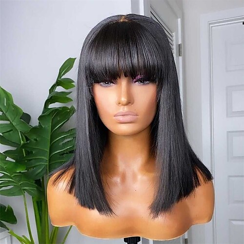 

Remy Human Hair Wig Straight With Bangs Natural Black Capless Brazilian Hair Women's Natural Black #1B 8 inch 10 inch 12 inch Party / Evening Daily Wear Vacation