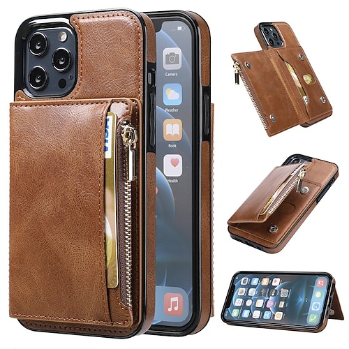 

Phone Case For Apple Wallet Card iPhone 13 Pro Max 12 Mini 11 X XR XS Max 8 7 Zipper Shockproof Card Holder Slots Solid Colored PU Leather