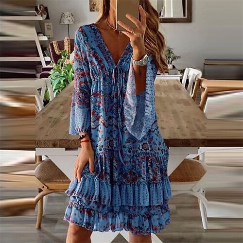 

Women's A Line Dress Knee Length Dress Green Blue Fuchsia Long Sleeve Floral Ruffle Print Spring Summer V Neck Work Elegant 2022 S M L XL XXL