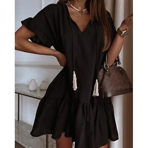

Women's A Line Dress Short Mini Dress Black Short Sleeve Solid Color Ruched Spring Summer V Neck Elegant Casual 2022 S M L XL