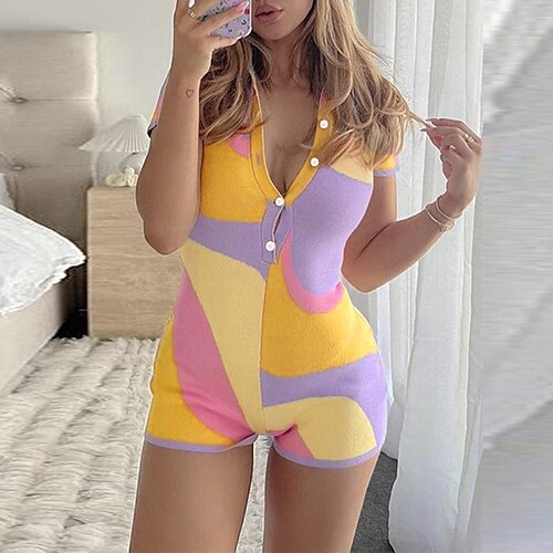 

Women's Romper Button Color Block Shirt Collar Casual Daily Holiday Regular Fit Short Sleeve Rainbow S M L Spring