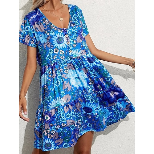 

Women's A Line Dress Short Mini Dress Blue Short Sleeve Floral Print Ruched Print Spring Summer V Neck Elegant Casual 2022 S M L XL XXL