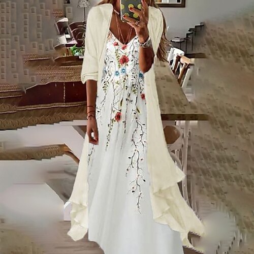 

Women's Two Piece Dress Midi Dress Beige Long Sleeve Floral Print Spring Summer V Neck Casual 2022 S M L XL XXL 3XL