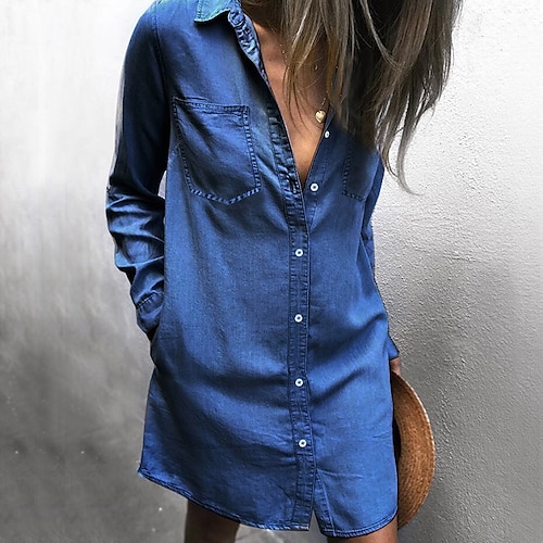 

Women's Blouse Shirt Plain Pocket Button Shirt Collar Casual Streetwear Tops Blue