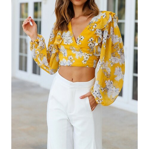 

Women's Blouse Shirt Floral Print V Neck Casual Vintage Tops Yellow