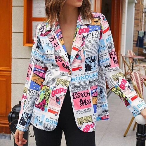 

Women's Blazer Outdoor Street Daily Spring Summer Regular Coat Regular Fit Breathable Streetwear Casual Jacket Long Sleeve Letter Print Pocket White Black
