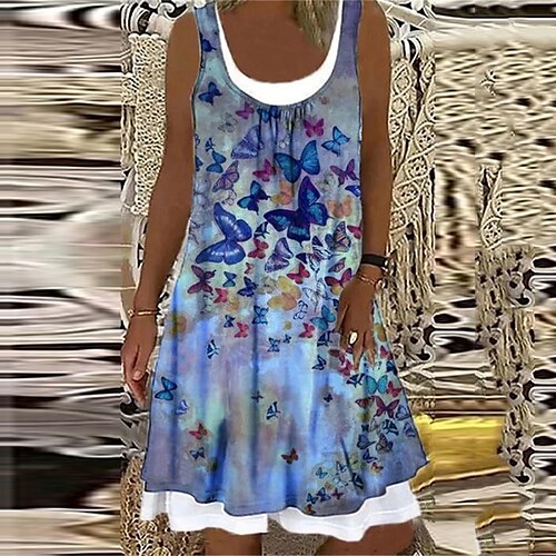 

Women's Shift Dress Short Mini Dress Blue Black Gray Fuchsia Royal Blue Light Blue Sleeveless Floral Fake two piece Print Spring Summer U Neck Casual Vacation 2022 S M L XL XXL 3XL