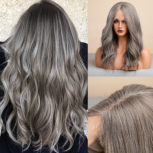 

Synthetic Lace Wig Water Wave Style 20 inch Dark Gray Middle Part 13x4x1 T Part Lace Front Wig All Wig Ombre Grey