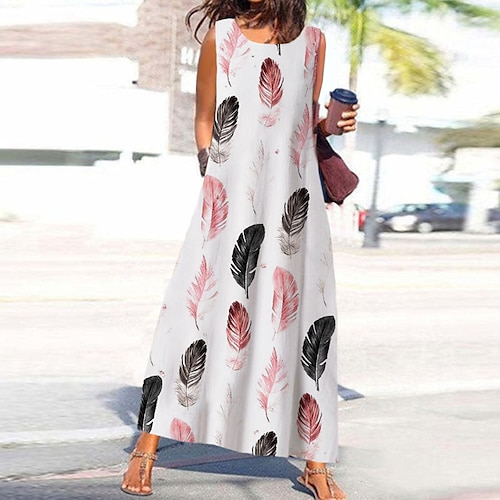 

Women's A Line Dress Maxi long Dress White Sleeveless Print Pocket Print Spring Summer Round Neck Stylish Casual Vacation 2022 S M L XL XXL 3XL