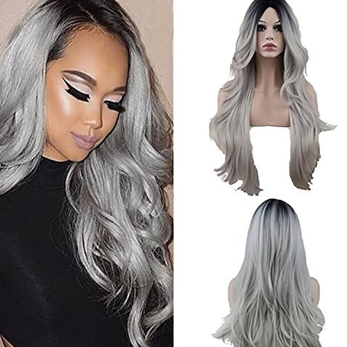 

Halloween Two Tones Synthetic Long Nature Wave Heat Resistant None Lace Wig Middle Part Ombre Black Rooted Silver Gray 130% High Density for Women