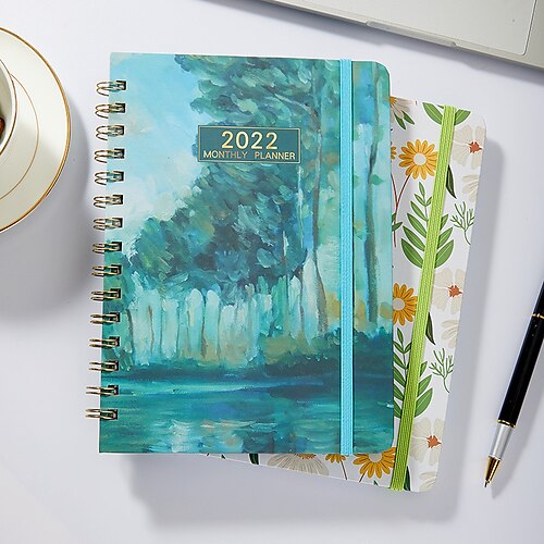 

2022 Spiral Twin-Wire Binding Daily Weekly Monthly A5 5.8×8.3 Inch Classic PU Hardcover Elastic Closure Agenda Strap Design Planner 136 Pages for School Office Student